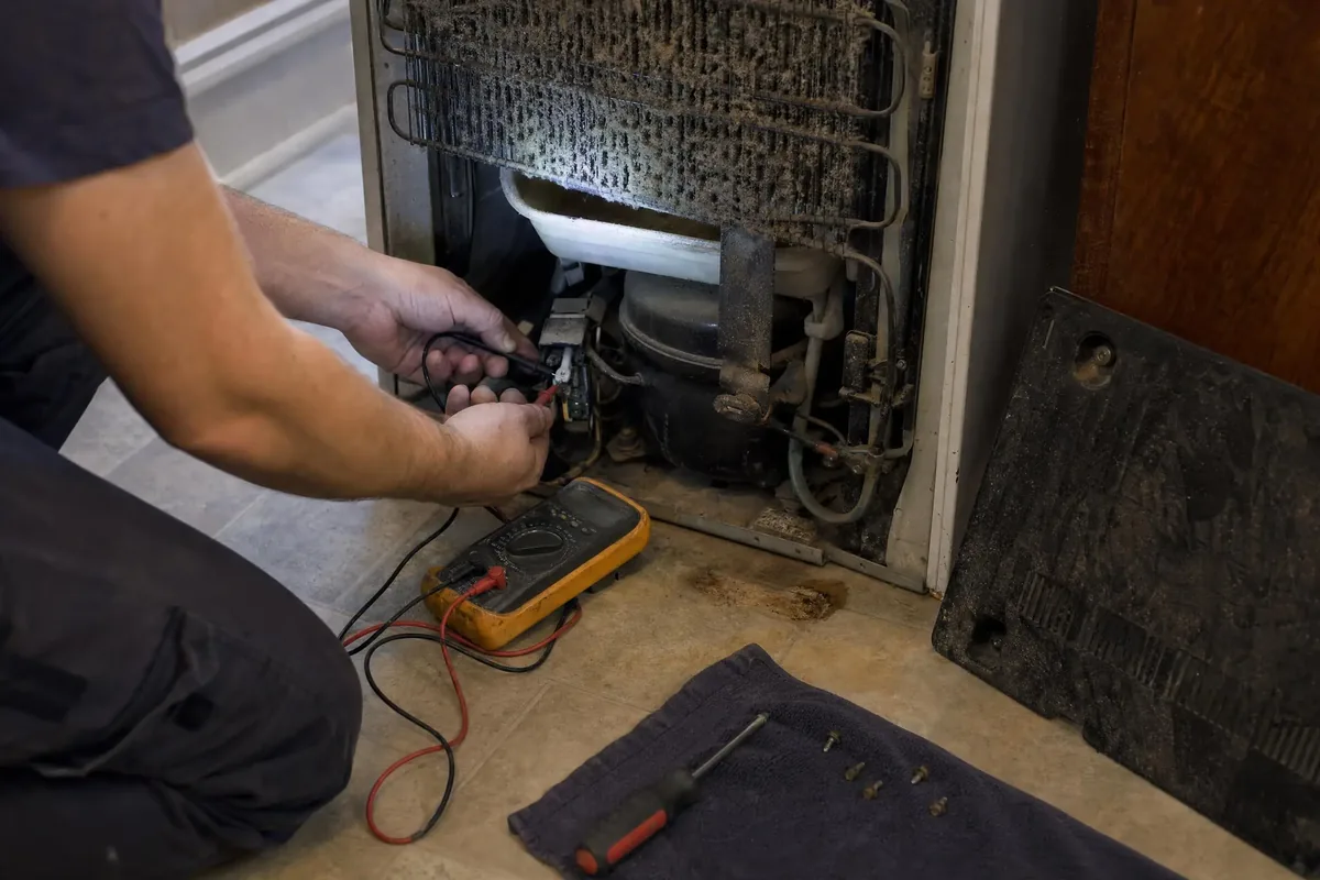 Appliance technician testing a refrigerator compressor relay with a multimeter behind the unit