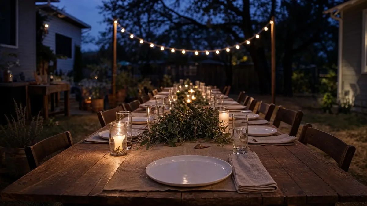 Long wooden banquet table set with plates and candles under string lights at dusk before guests arrive