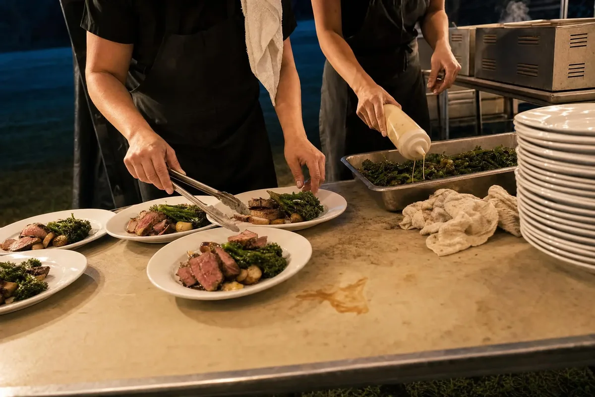 Catering staff in black aprons plating food at a prep table behind an event