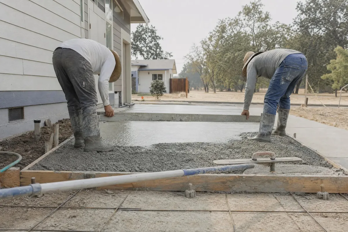 Two workers screeding wet concrete across form boards on a freshly poured driveway
