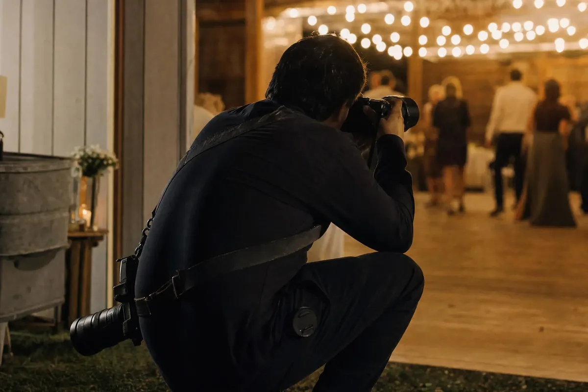 Event photographer crouched at the edge of a reception with a camera raised, guests blurred behind