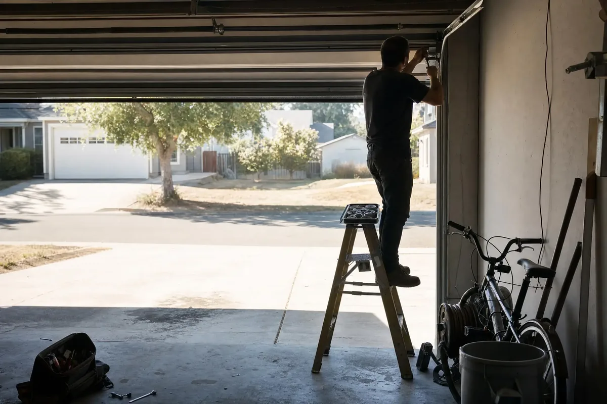 Garage door technician servicing a roller and hinge on the door track from a step ladder