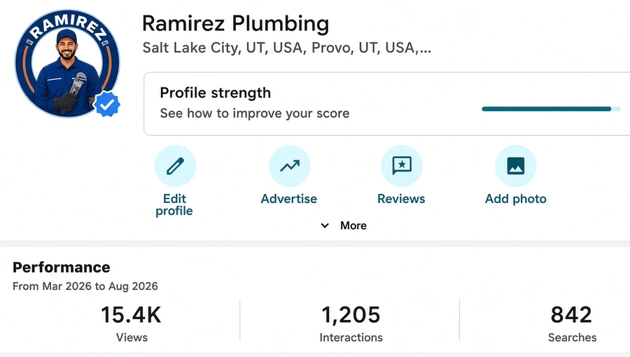 Google Business Profile app showing a plumbing business with a profile strength score and monthly views, interactions and searches