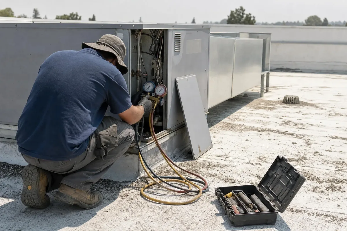 HVAC technician checking refrigerant pressures with a manifold gauge set at a rooftop condenser unit