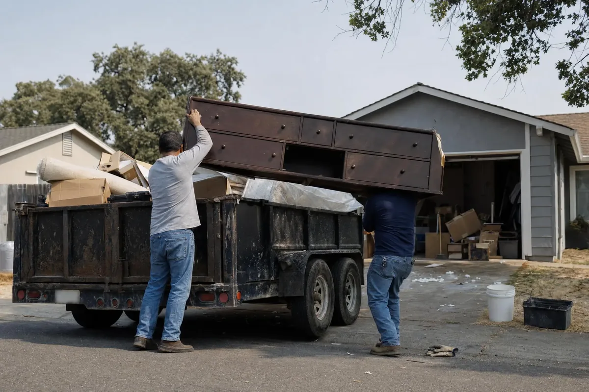 Two workers loading a broken dresser into an open dump trailer at a curb