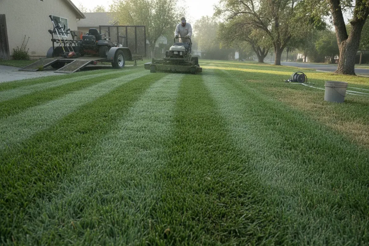 Lawn care worker mowing stripes into a suburban front lawn with a trailer at the curb