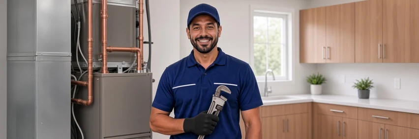 Plumber in a branded polo standing beside a tankless water heater and copper pipework, holding a pipe wrench