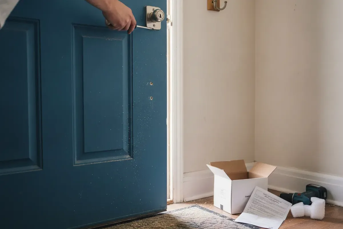 New deadbolt being fitted to the inside face of a residential front door