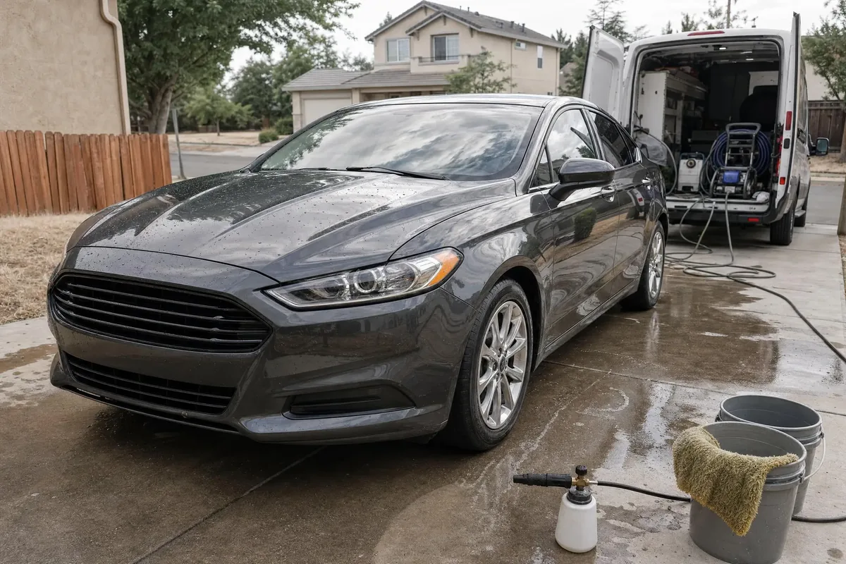 Freshly detailed dark grey sedan on a driveway with a work van and detailing equipment behind