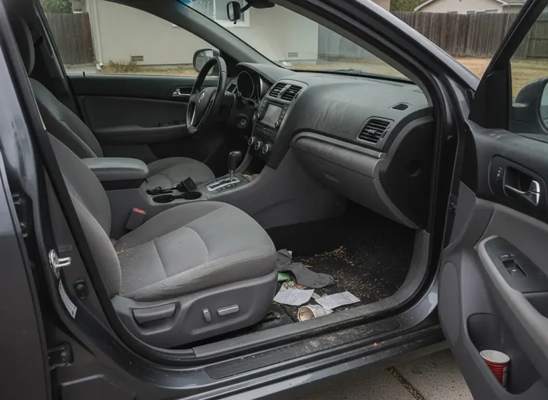 Dirty car interior before detailing, with stained seats, dusty dash and cluttered footwell