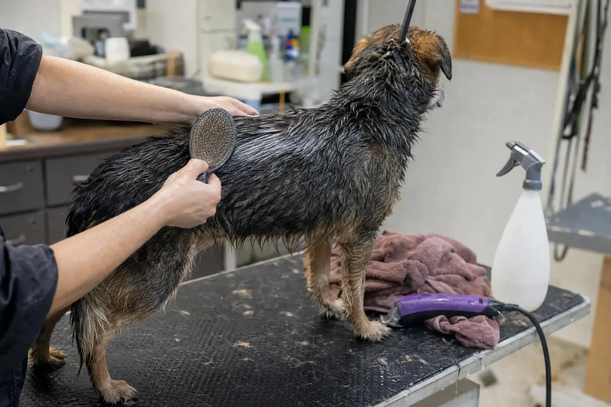 Groomer brushing a wet medium-sized dog standing on a grooming table