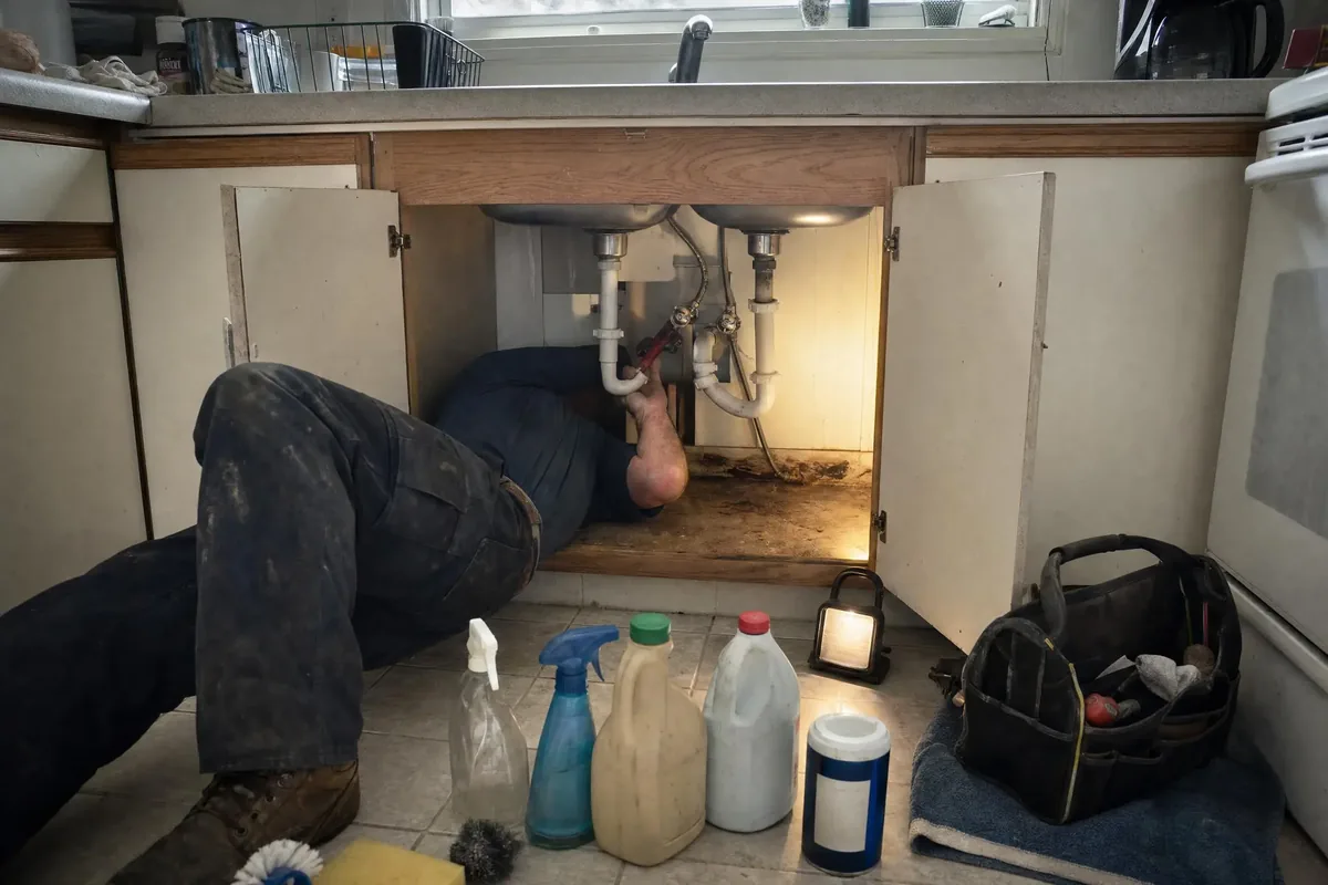 Plumber using a basin wrench on a shutoff valve under a kitchen sink