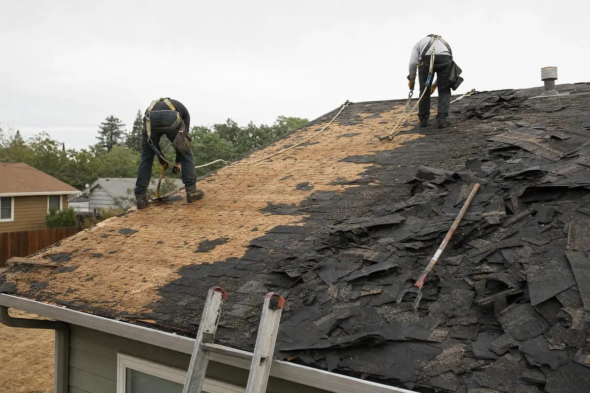 Two roofers in fall-protection harnesses tearing off old asphalt shingles down to the decking